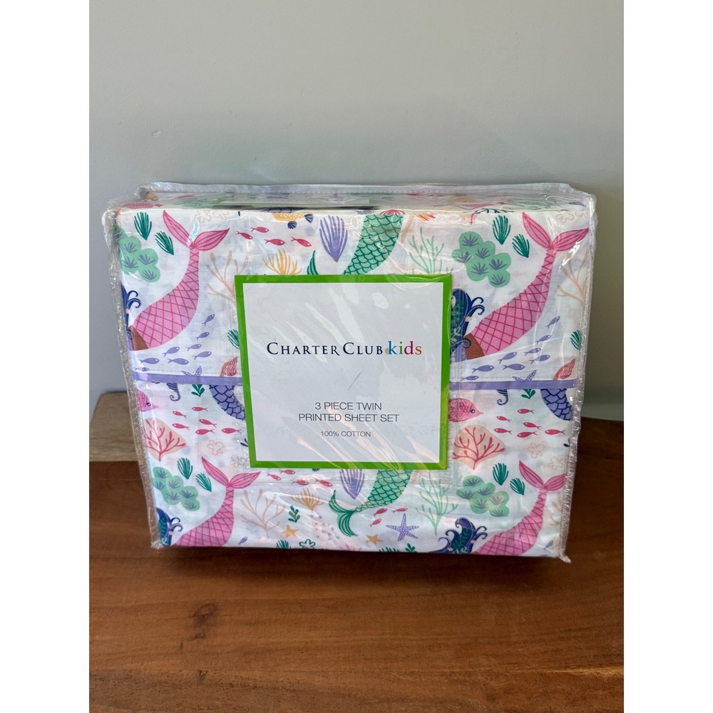Charter Club Kids Mermaid 3 Piece Twin Sheet Set 100% Cotton Multicolor New
